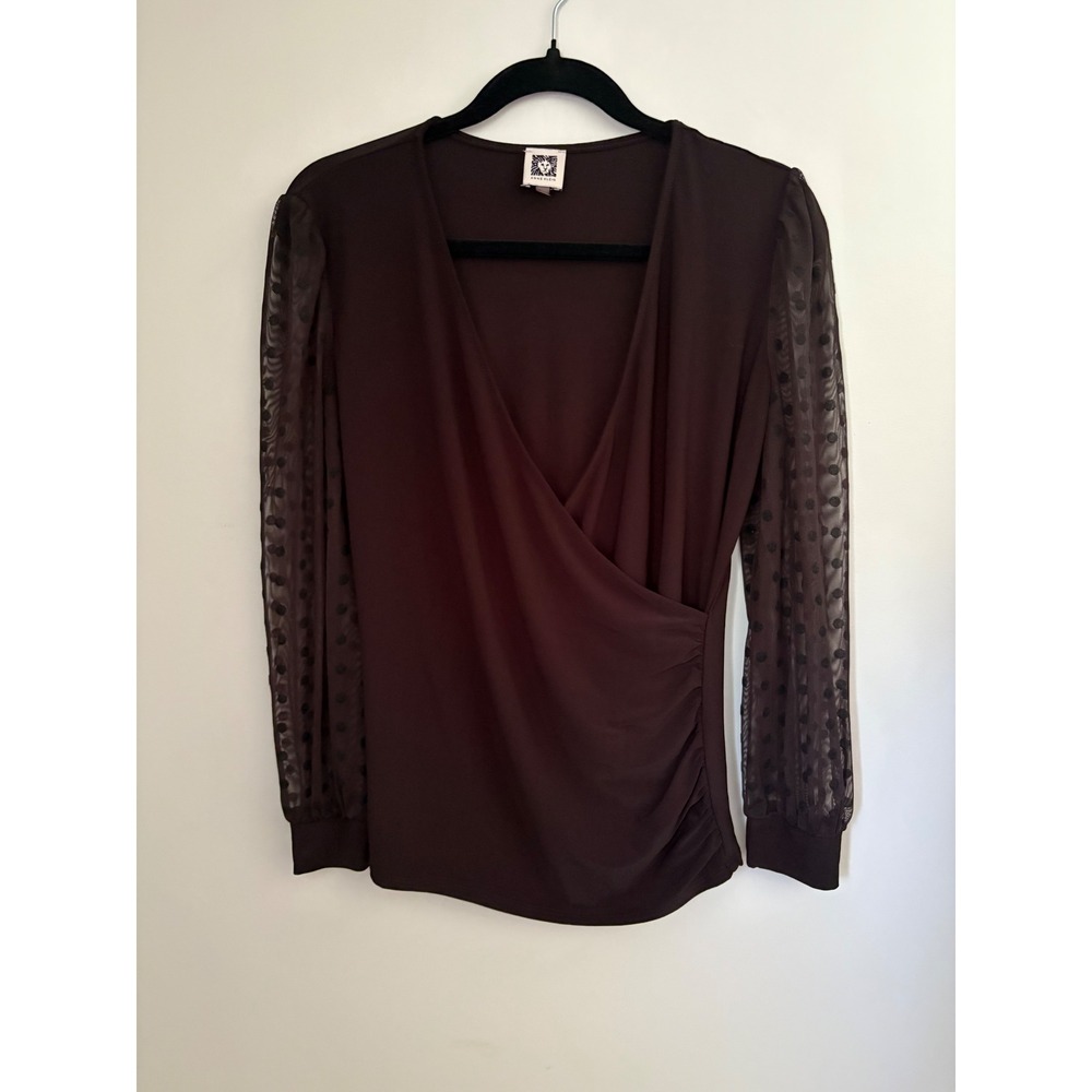 Anne Klein Women's Black Wrap Sheer‎ Polka Dot Long Sleeve Blouse Holiday Size S